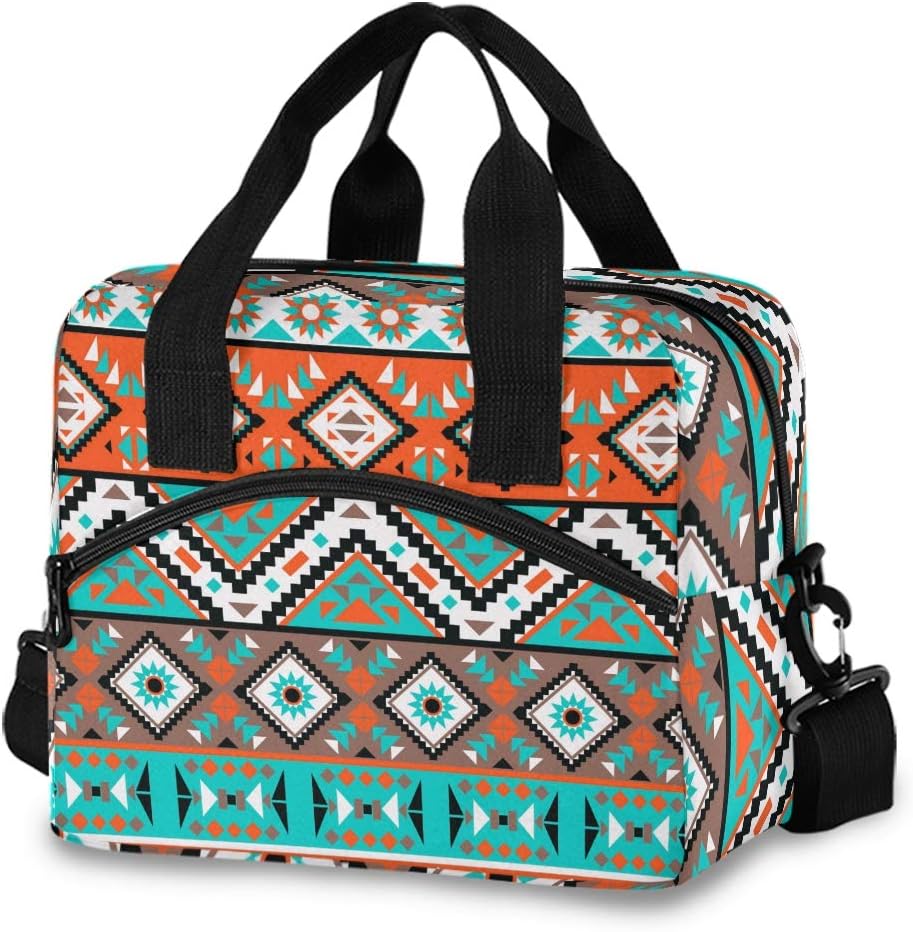 Moudou Aztec Geometric Lunch Bag Reusable Insulated Cooler Lunch Tote Bag with Adjustable Shoulder Strap for Office Work School Picnic Travel