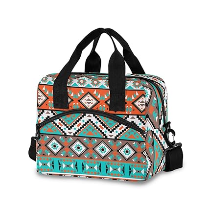 Moudou Aztec Geometric Lunch Bag Reusable Insulated Cooler Lunch Tote Bag with Adjustable Shoulder Strap for Office Work School Picnic Travel
