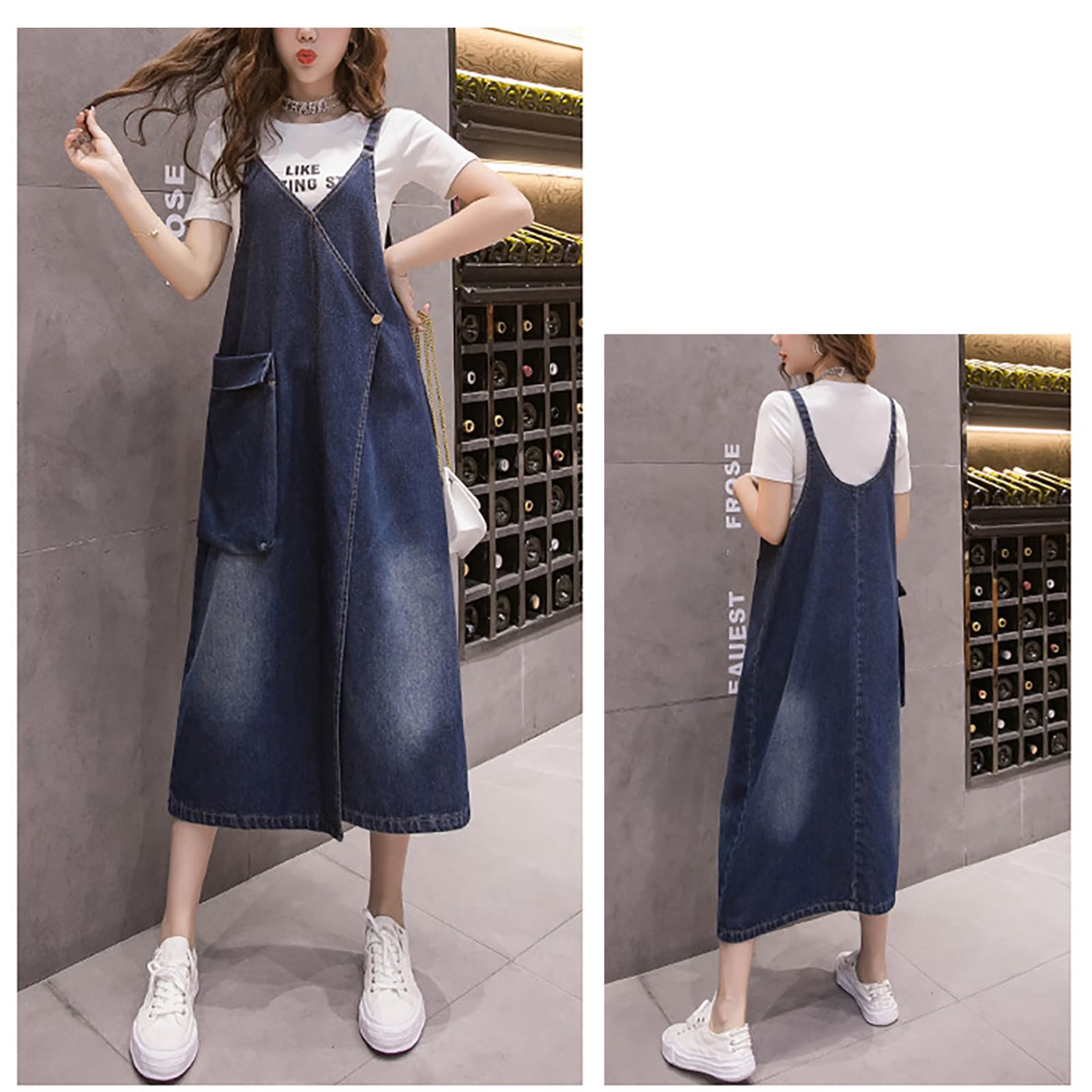 Salopette Gonna Donna Jeans Lunga Vestito Salopette Overall Taglie Forti Denim Vestiti con Tasca