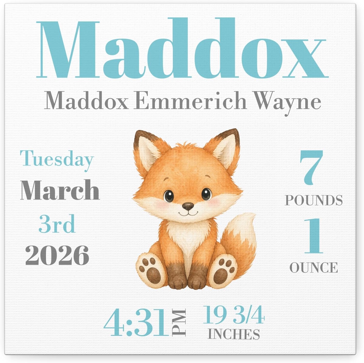 DesygnTheory - Personalized Baby Birth Stats Canvas, Custom Birth Announcement Wall Art Keepsake Gift, Baby Fox Design