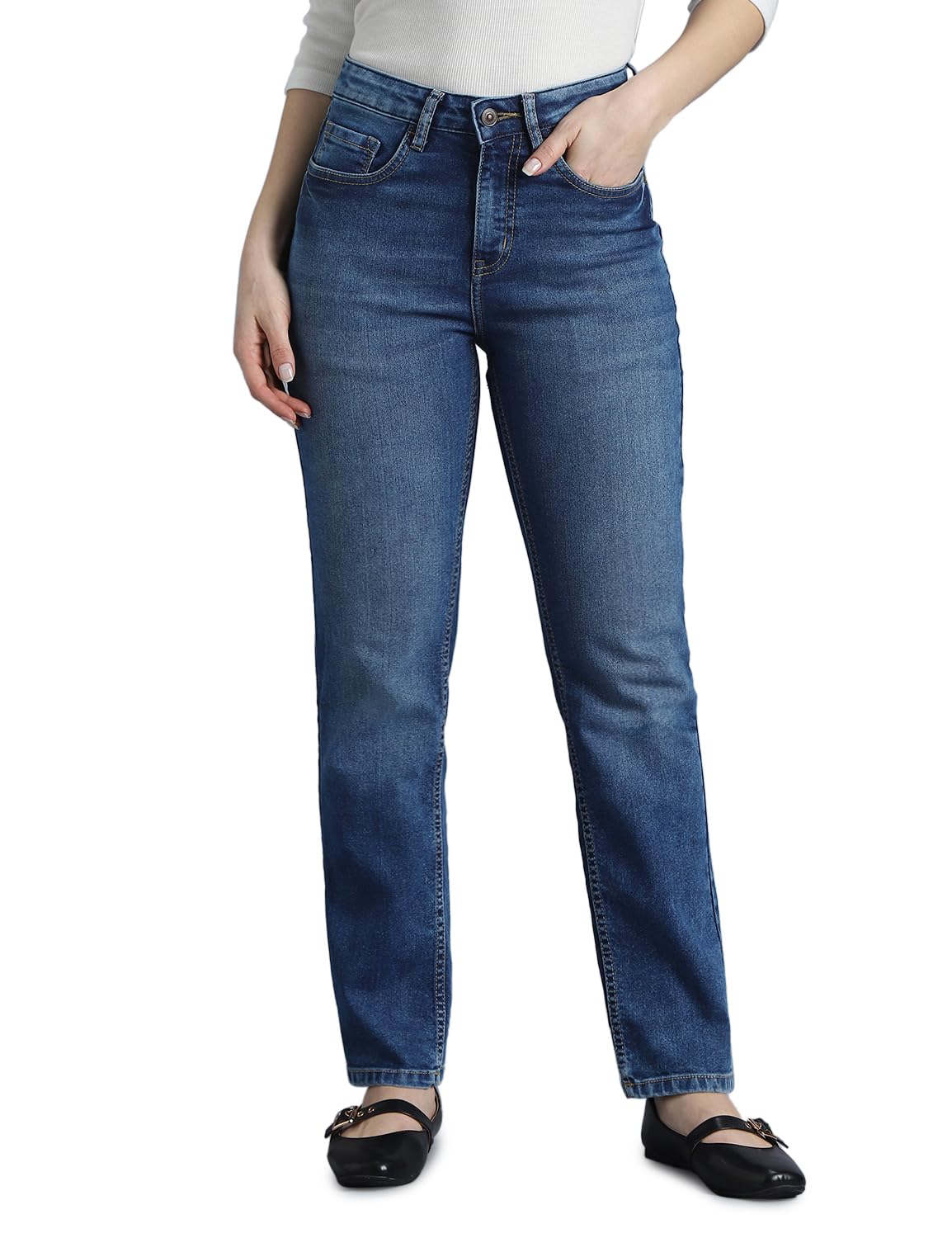 Women's Straight Fit Jeans - Mid-Rise | Cotton Blend | Stretchable | Classic 5 Pocket Styling | Jeans for Women-image-49