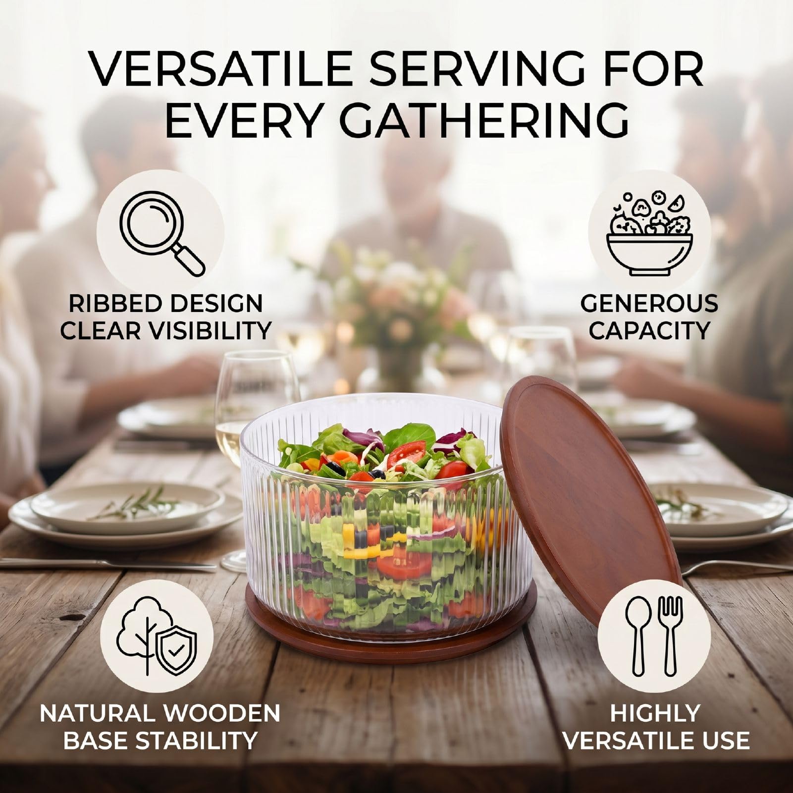 Haofy Ensaladera de Vidrio 9.06x5.91x5.71 Pulgadas 1700g Tazón de Vidrio Acanalado de Gran Capacidad con Tapa de Madera, Tazón Transparente para Servir para Cenas Familiares Ensaladas (claro)