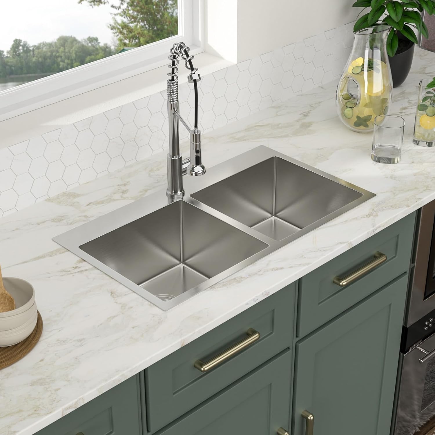Logmey 32 Inch Drop In Double Bowl Sink - 32x18 Inches Handmade Stainless Steel Doble Sink 16 Gauge 50/50 Double Bowl Kitchen Sink 32x18x9 Inches Topmount Sinks