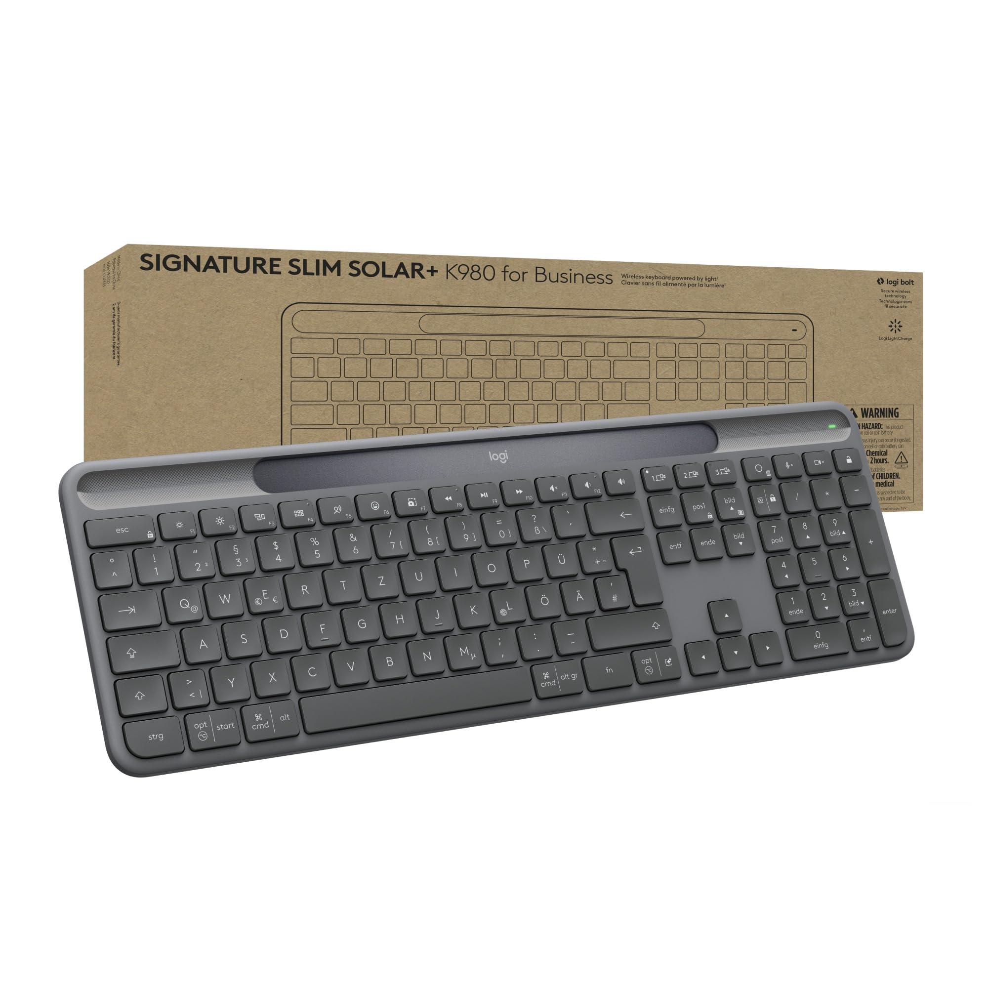 Logitech Signature Slim Solar+ K980 for Business, kabellose Tastatur, leises Tippen, sicherer Empfänger, Bluetooth, Windows, Mac, QWERTZ DEU – Graphit