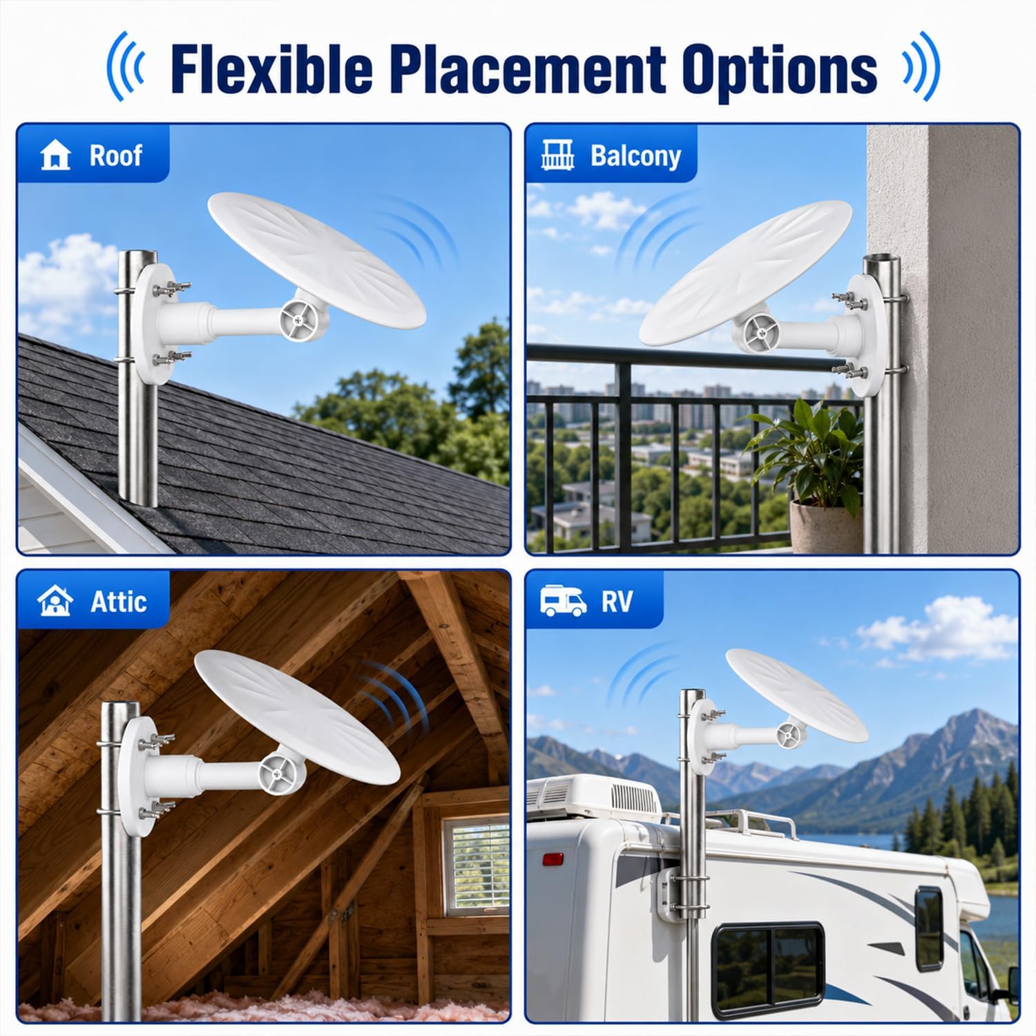 Outdoor TV Antenna for Smart TV, 360° Omni-Directional HDTV Antenna, UHF VHF Reception for Roof, Attic & RV, Supports 4K 1080P, Local Channels, 32.8ft Coaxial Cable, White