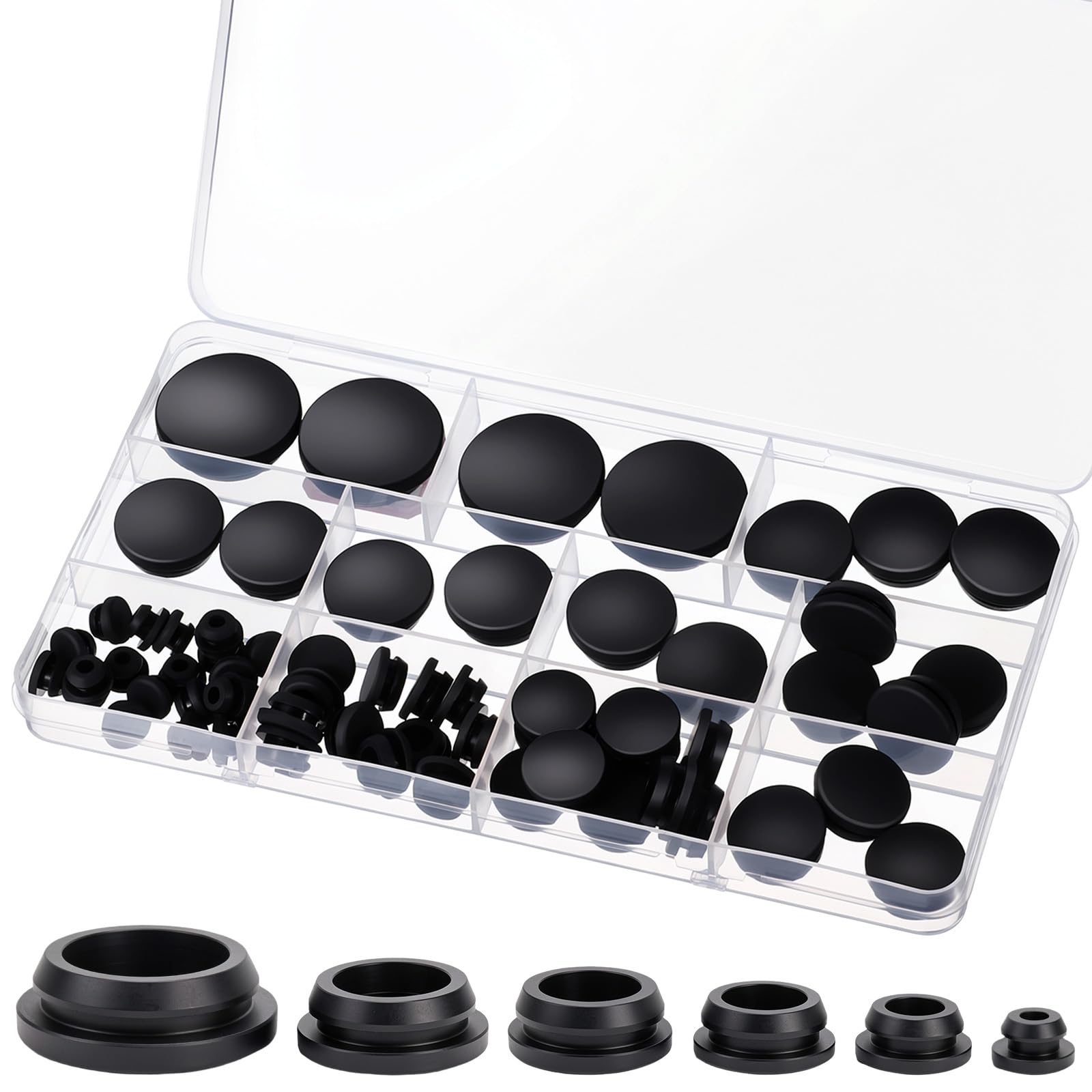 62 Pcs Black Rubber Plugs for Round Holes Rubber Hole Plugs for Round Holes Silicone Plug 1" 3/4" 5/8" 1/2" 3/8" 1/4" Used for Furniture