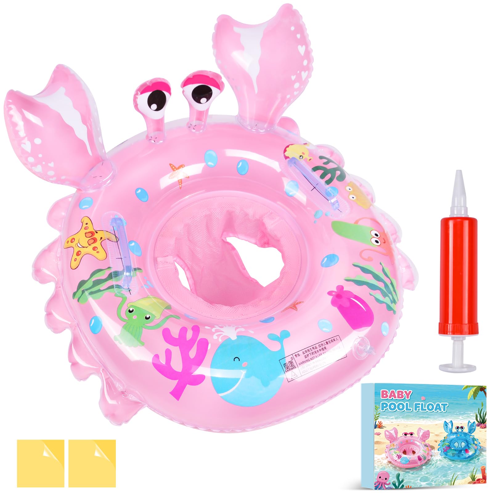 Ninonly Flotador Bebe Anillo de Natación Inflable Asiento con Bomba de Aire,2Parches de Reparación para Niños de 12 a 36 Meses Baño y Entrenamiento de Natación,Piscina,Playa,Bañera (Rosa Cangrejo)