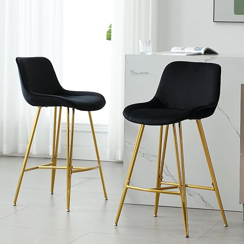Juego de 2 taburetes de bar modernos, de terciopelo de 26 pulgadas de altura de mostrador, sillas de bar tapizadas con respaldo, patas de metal para