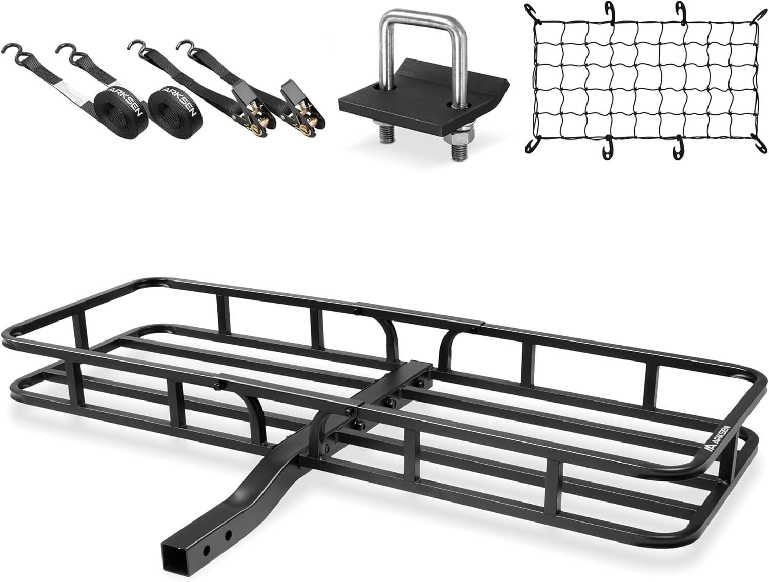 Arksen 53 x 19 x 5 Inch Hitch Mount Cargo Rack Carrier with Cargo Net and Ratchet Strap, 500 Lbs Capacity