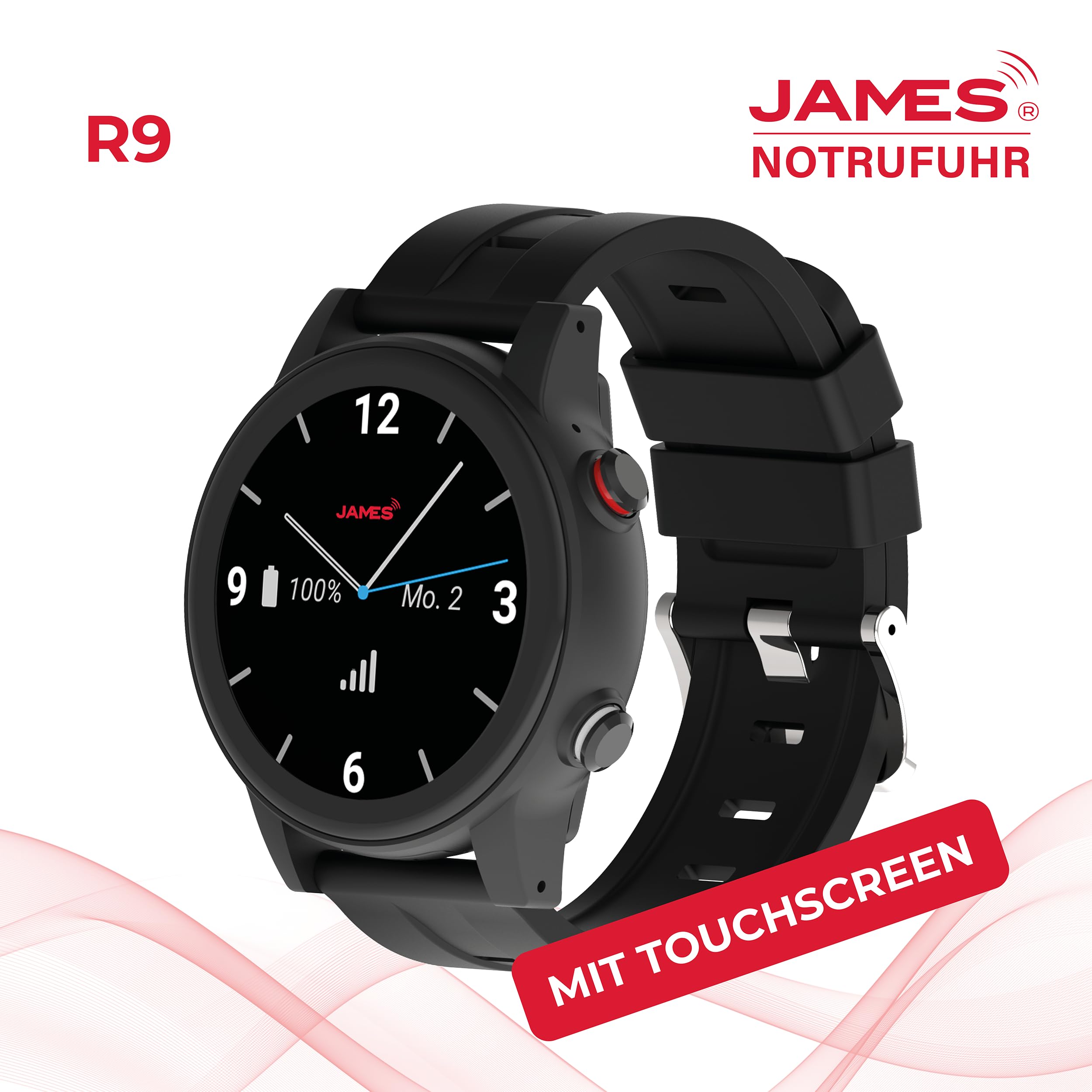 James R9 (schwarz) Notruf– GPS Ortung, Sturzerkennung, Notrufknopf, Gesundheitsfunktionen & Familien-App inkl. SIM (Schwarz, R9)