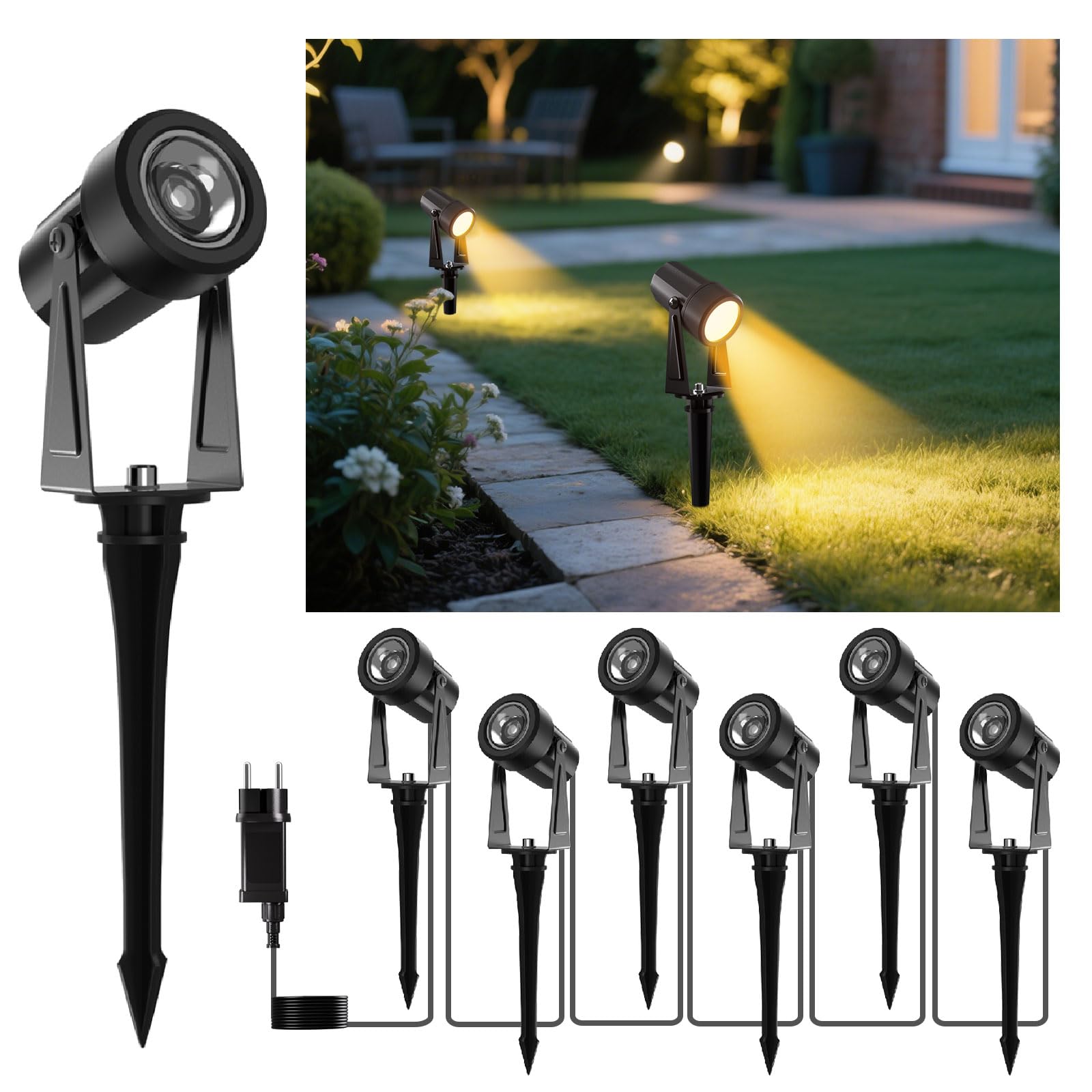 Focos Led Exterior, 23M 6 * 3W LED Focos de Jardín con Estaca, Blanco Cálido 3000K IP65, al Aire Libre Iluminación de Caminos para Césped