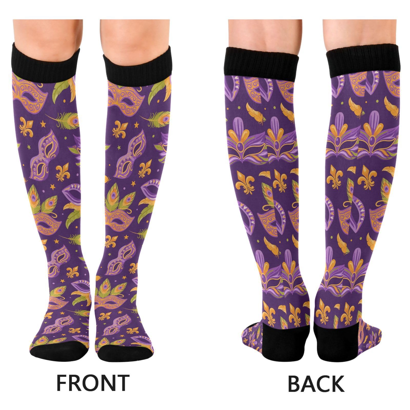 Dussdil Carnival Masks Purple Fleur De Lis Mardi Gras Compression Socks for Women Men Christmas Circulation Long Knee Socks for Winter Warm Stockings Socks