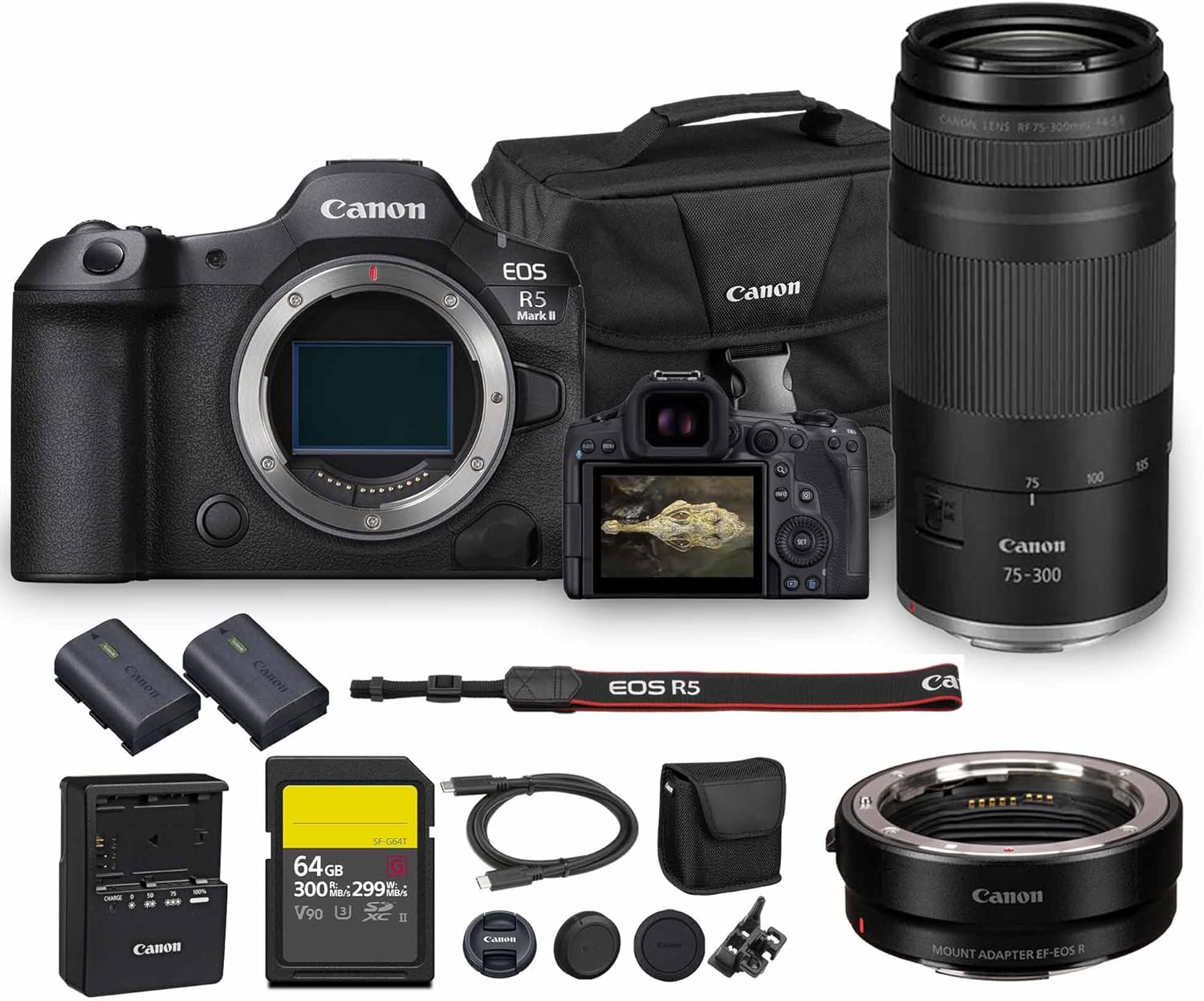 Canon EOS R5 Mark II Mirrorless Camera | 45MP Full Frame Sensor 8K Video Recording | Advanced IBIS Autofocus for Professional Creators (6536C002) + Canon RF 75-300mm Lens + Adapter EF-EOS R + More