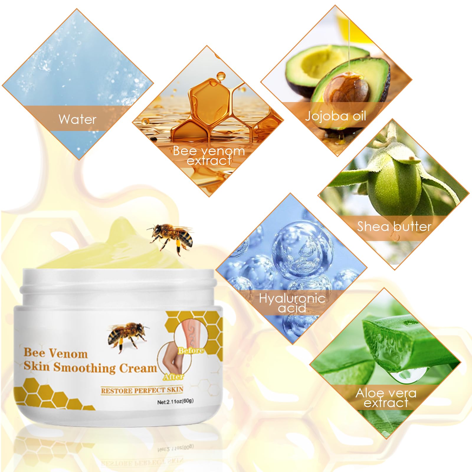 Crème pour Contre les Varices au Venin d'Abeille, Crème de Traitement des Varices au Venin d'abeille, Pommade de Récupération au Venin d'abeille pour les Jambes, Convient à Tous Les Types De Peau, 60g