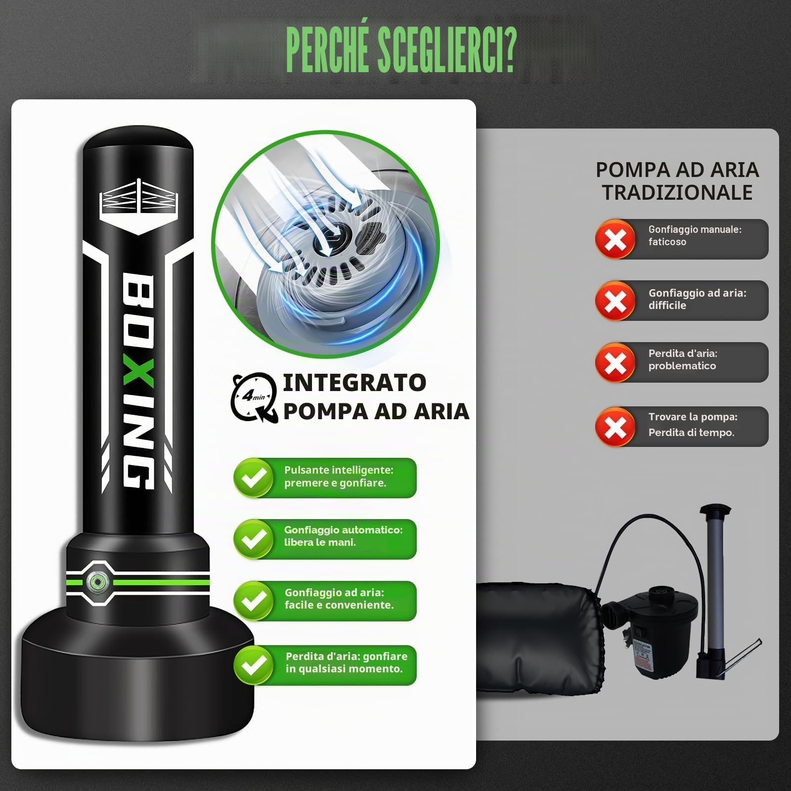 Sacco da boxe 2 in 1 per adulti, 180 cm autogonfiante, pesante, con guantoni da boxe e pompa ad aria integrata, per allenamento MMA, Muay Thai, fitness, principianti