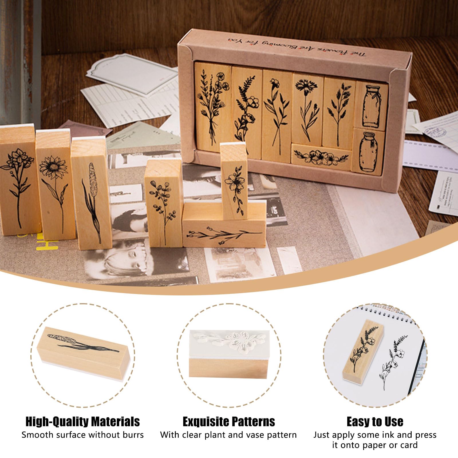 16 Tampons En Bois Vintage - Motifs Plantes Naturelles - Pour Scrapbooking, Cartes, Journaling