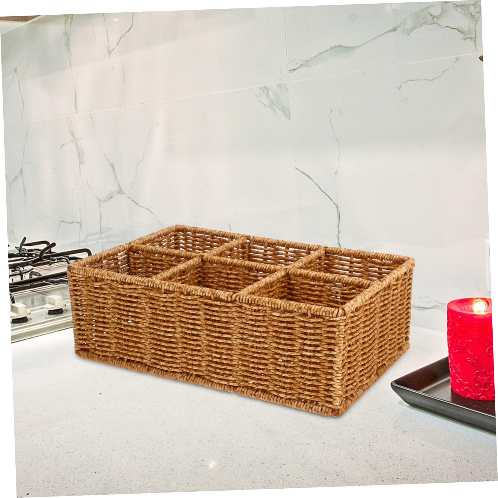 Organizador De Cubiertos Compacto Tejido De Ratán Natural 30x20x10 Cm Resistente y Multiusos para Cocina y Comedor Cesta De Almacenamiento para Utensilios Pequeños