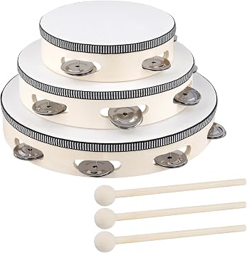 3 Pack 6 Inch 8 Inch 10 Inch Wooden Tambourine, Wood Frame Hand Held Tambourine with 3 Drum Sticks for Rhythm Learning, Music Performances, Parties