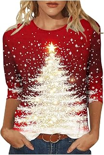 Product Category Women's T-Shirts - Stylish Top with Printed Sleeves Three-Quarter Sleeve Relaxed Design for Holidays Everyday Casual Appearance Comfortable Seasonal