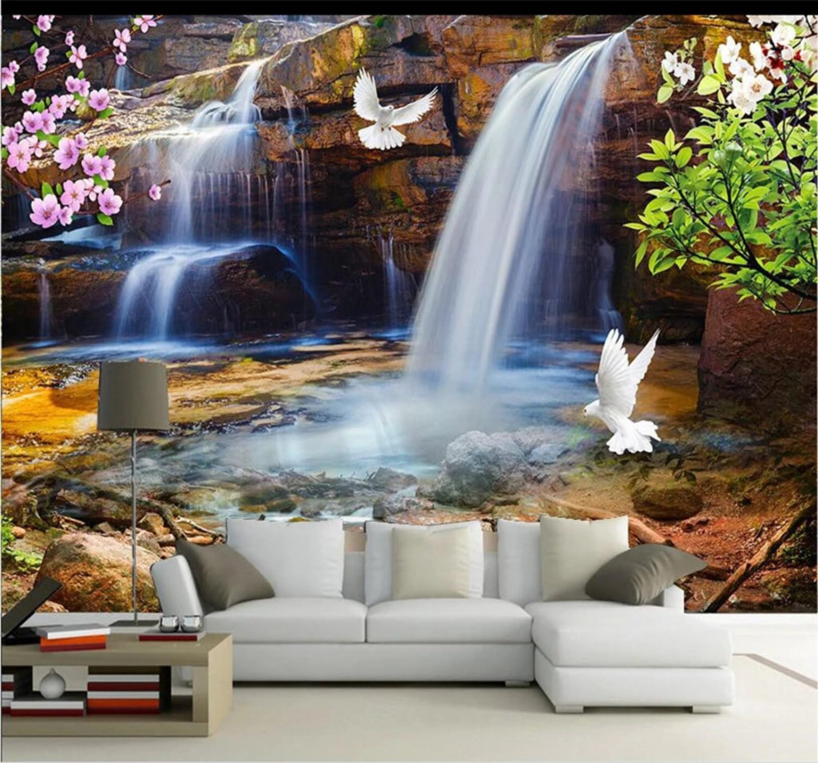 Xlming 200Cm×140Cm(B×H) Aesthetics Waterfall Flowers And Birds Nature Landscape 3D Wallpaper Luxury Silk Study Dining Feature Sofa Grey Bedroom Living Room Tv Decorative Wall-200Cm×140Cm