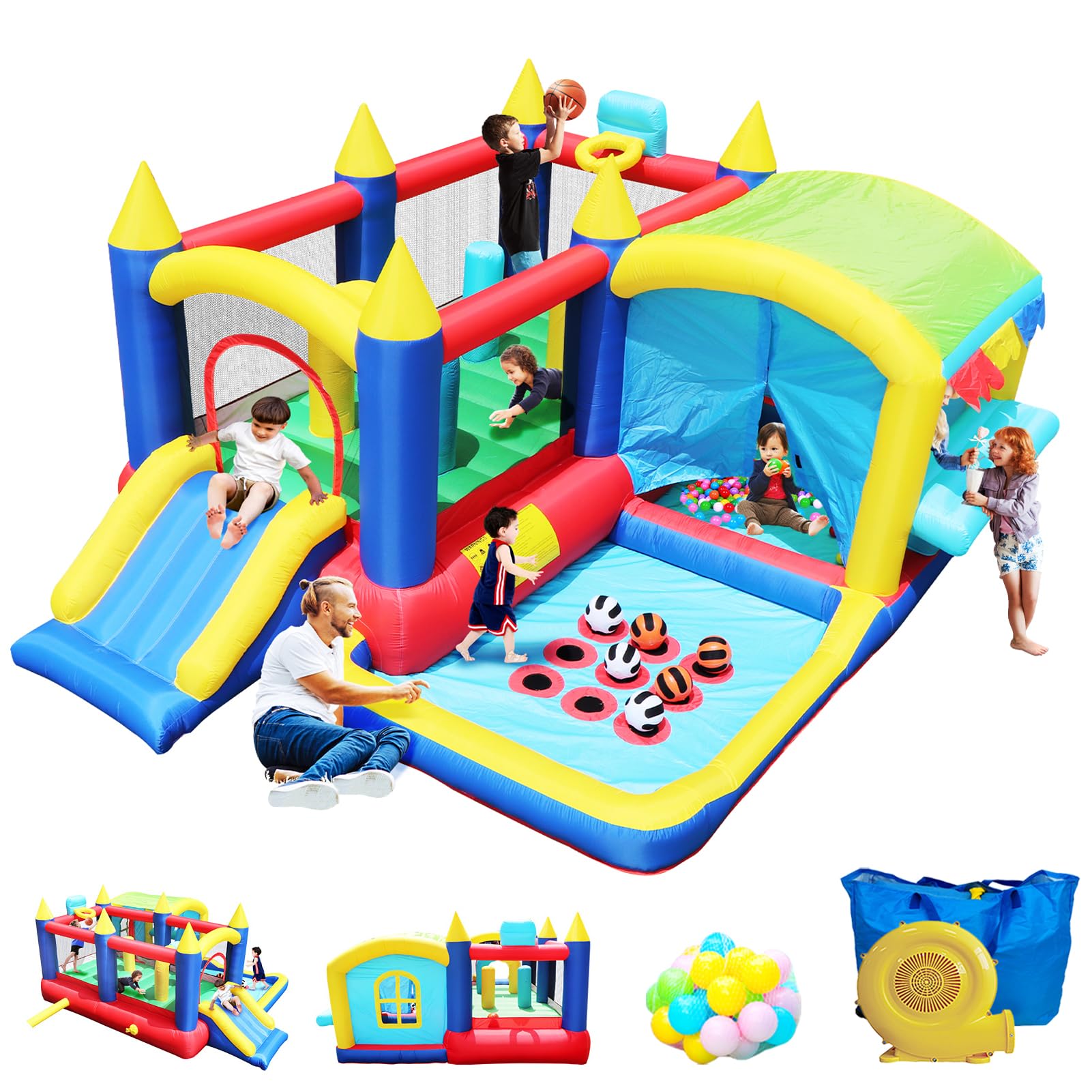 Inflatable Bounce House with Slide, 7 in 1 Bouncy Castle with 520w Blower,Toy Market Stand, Tic-tac-Toe, Jumping Area, Basketball, Boxing Column, Bouncer House for 3-10 Kids Indoor Outdoor Multicolor