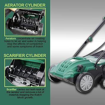 Garden Scarifier, 2-in-1 13INCH Dethatcher Scarifier,12 Amp Electric Lawn Dethatcher,Removable Collection Bag Extra Large 31.7QT (Green 13Inch)