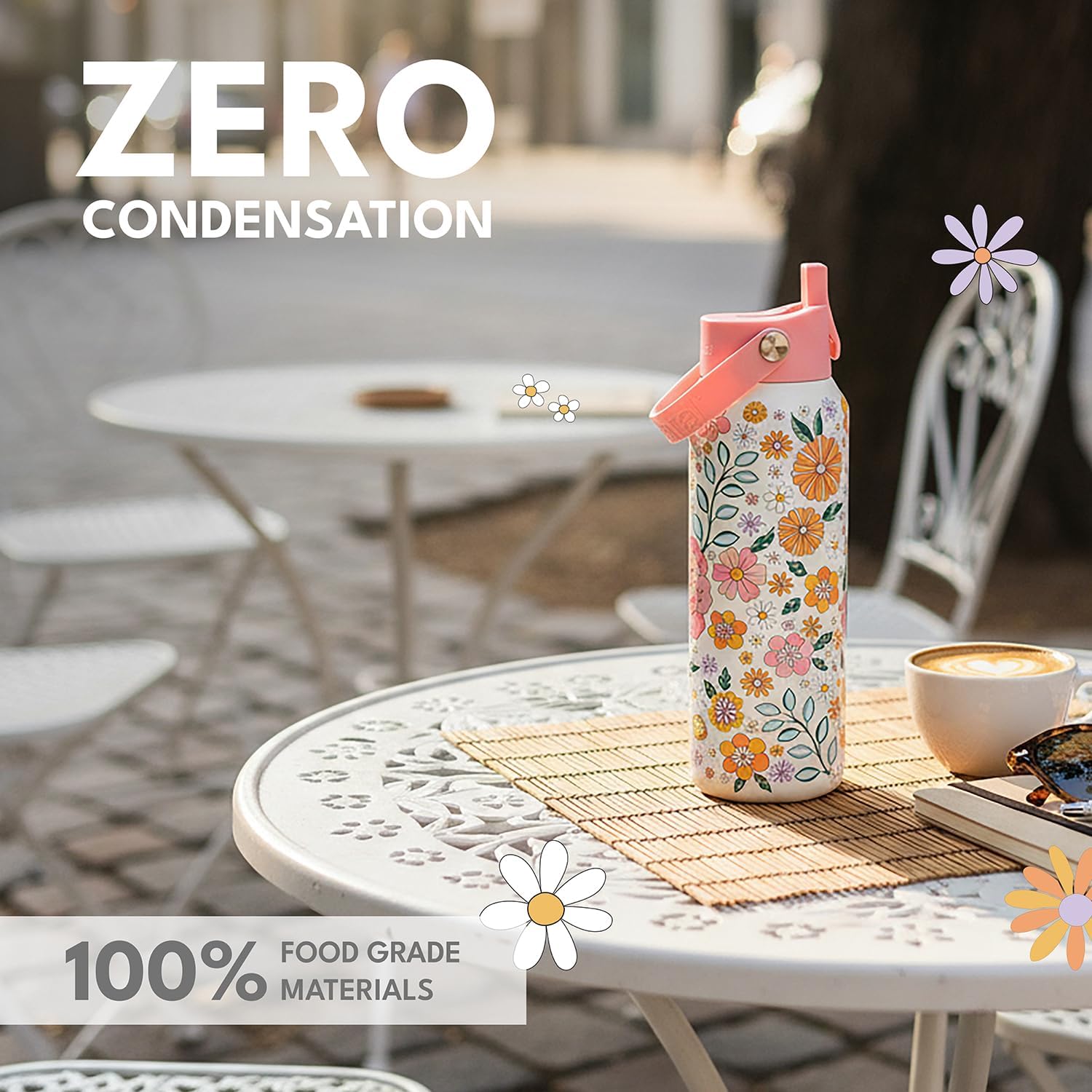 Elemental 40oz Insulated Water Bottle with Straw - 100% Leak-Proof Stainless Steel Core Water Bottles for Travel, Sports and Gym - Double Wall Insulation & BPA Free - Blossom Luxe