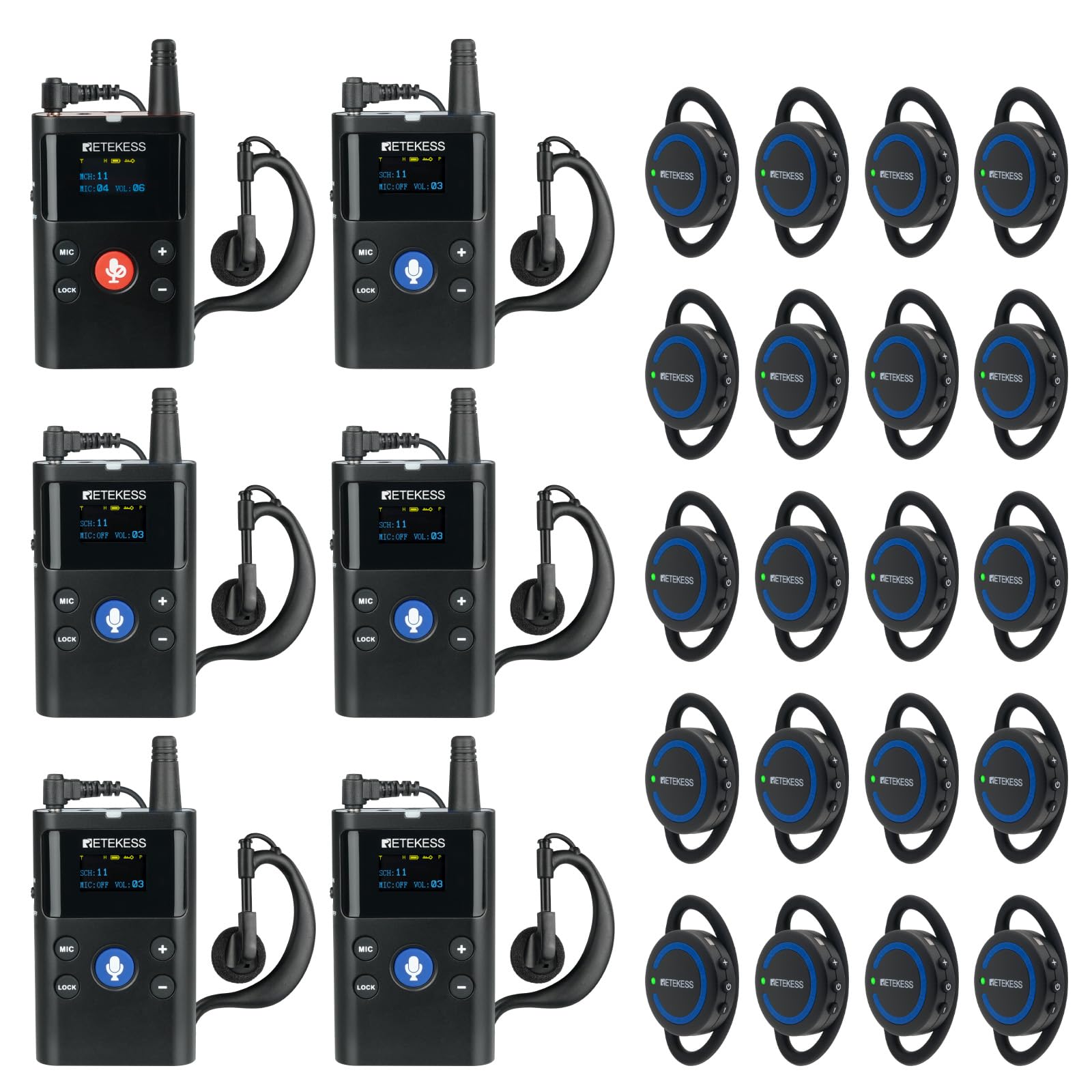 Retekess TT126 Two- Way Tour Guide Syetem with TT126R Ear Receiver, Digital Technology, Two-Way Tour Guide Headsets for Factory (1 TX 5 RX and 20 Ear Receivers)