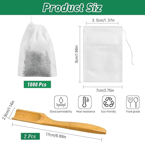 Miniatura 3 de 1000 bolsas de té para té de hojas sueltas, bolsas de té vacías desechables con cucharas de té, bolsas de filtro de té con cordón para té de hojas