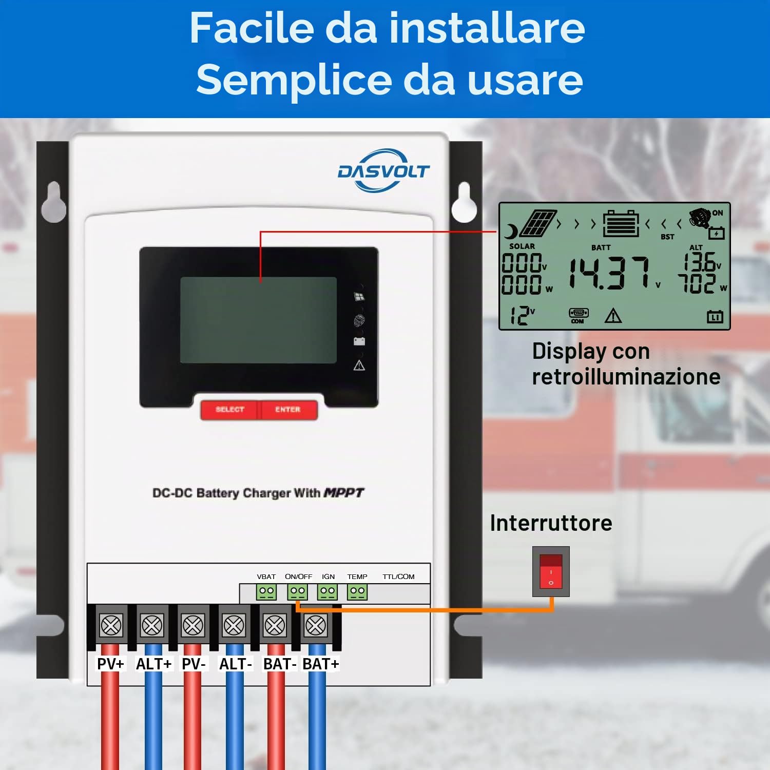 DASVOLT®, 12V 50A DC/DC Caricatore MPPT con ingresso a bordo per sistema a doppia batteria Ricarica multistadio SRNE MD1250N05, batterie al gel, sigillate e al litio, per camper, auto, barche, yacht