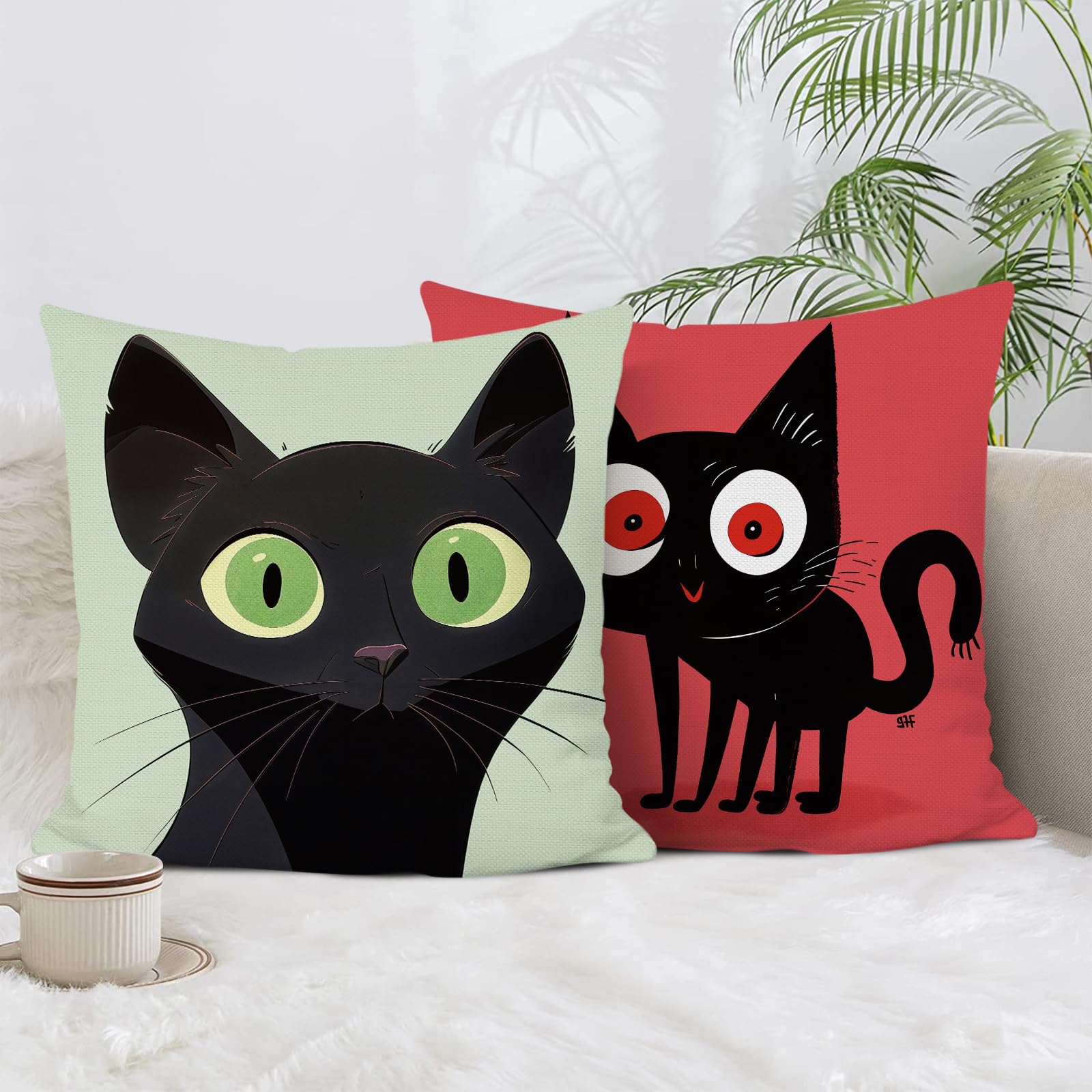 BREASOME Cushion Covers 45 x 45 cm Set of 4 Black Cat Cushion Covers Polyester Decorative Square Throw Pillow Cases for Sofa Couch Bedroom Living Room - Image 2