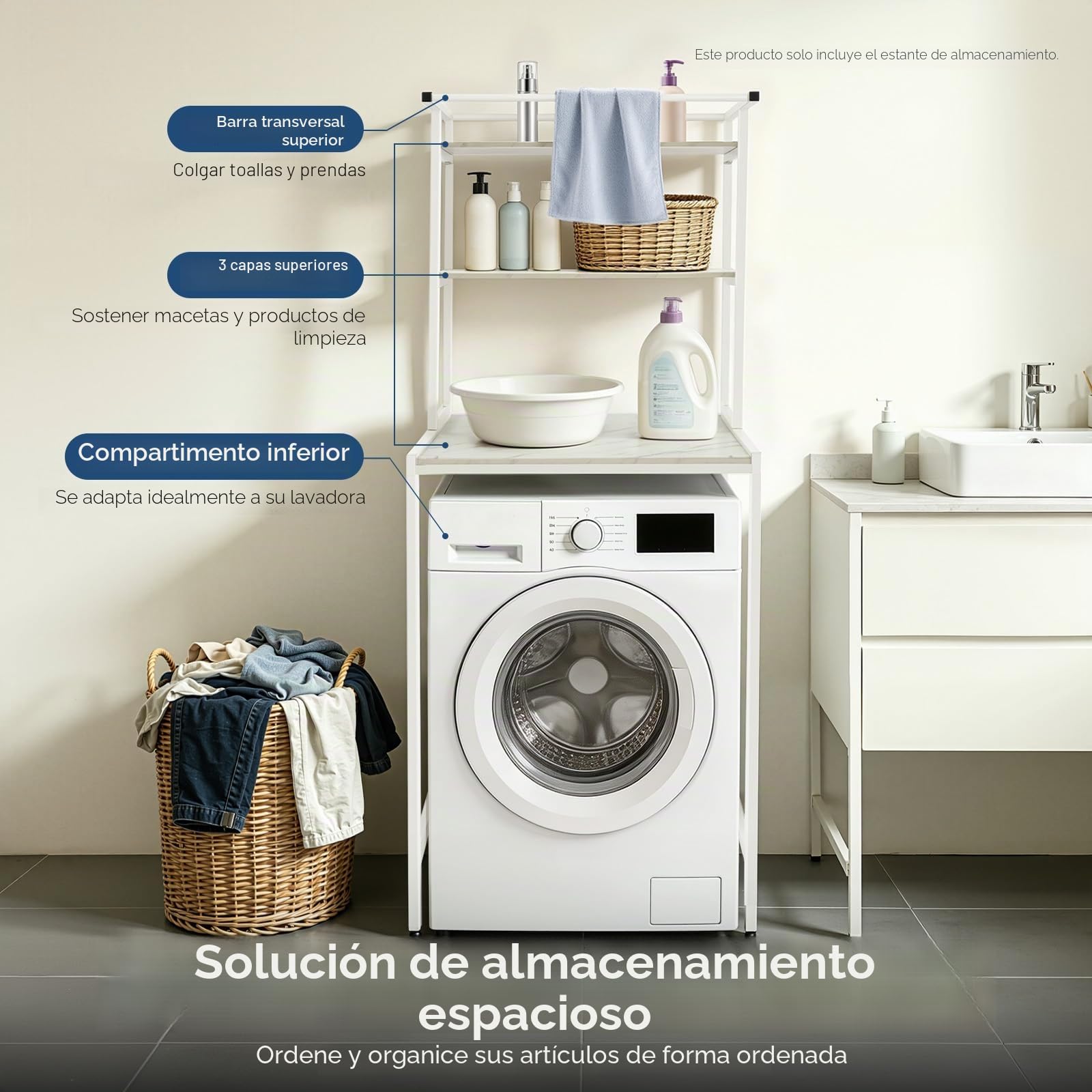 Estantería para lavadora, armario de lavadora que ahorra espacio sobre el estante de la lavadora, estante de baño de 3 niveles, estantería de almacenamiento multifuncional para cuarto de baño