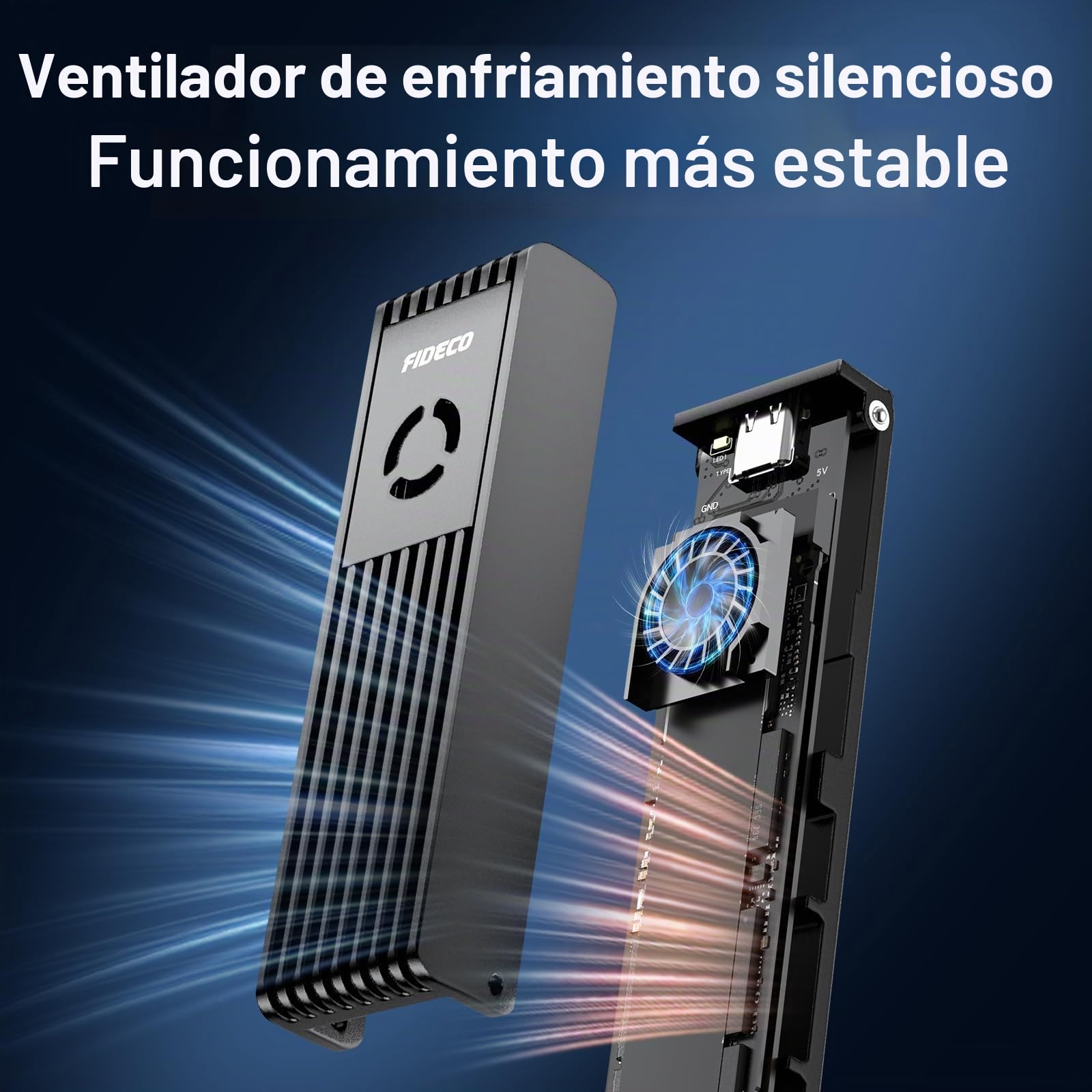 FIDECO Carcasa SSD NVMe SATA M.2, Caja NVMe USB con Ventilador, 10Gbps USB 3.2 Gen 2 para PCIe M-Key/M+B Key, Soporte UASP y Trim, Instalación sin Herramientas, Aluminio, Negro