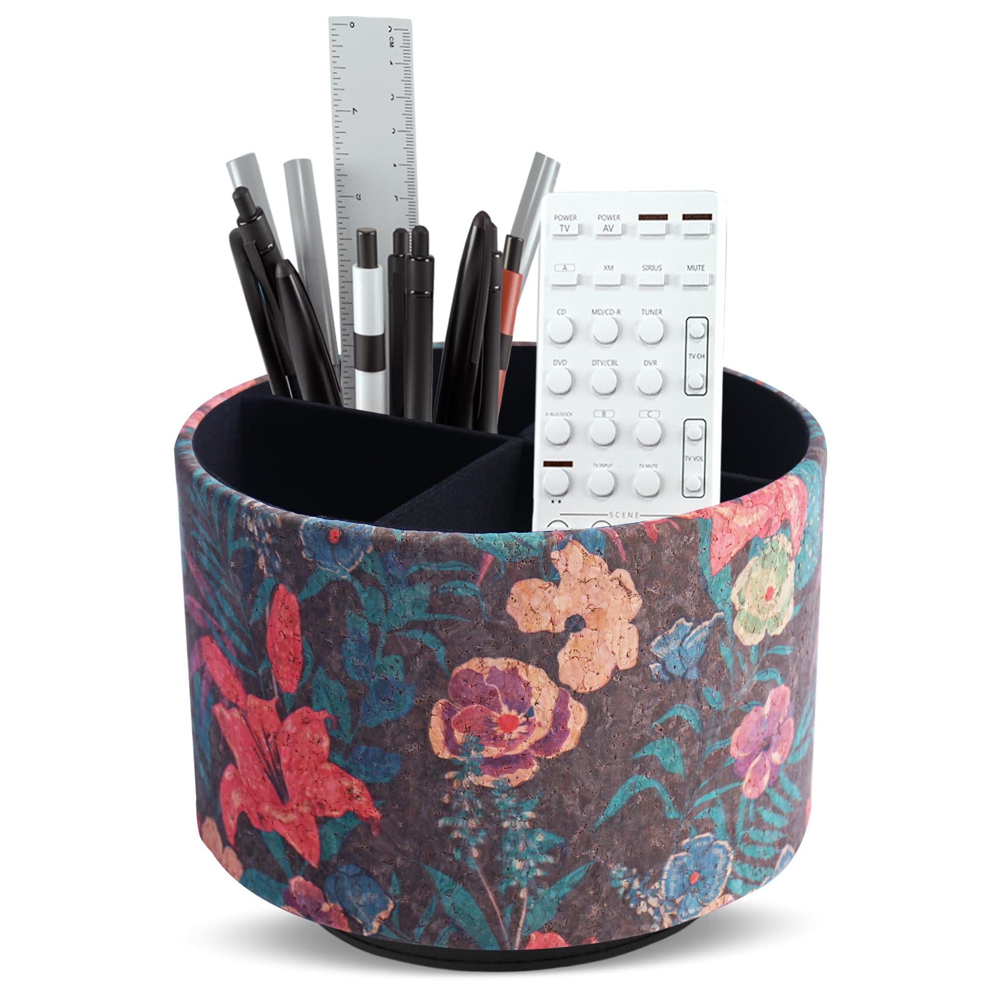 Mtzmy Round Leather Art Supply Organizer,Remote Control Holder,360 Degree Spinning,Multi-Functional Pencil Holder,4 Compartments Desktop Stationary Organizer(1-Soft Red)