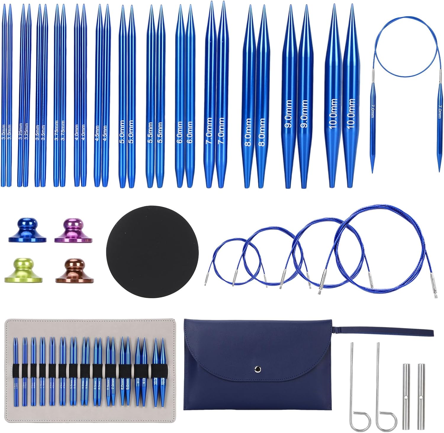 liomey Interchangeable Circular Knitting Needles Set - 13 Pairs (3mm-10mm) with 4 Flexible Cables, Aluminum Needle, Ergonomic Design for Beginners and Advanced Knitters, Blue