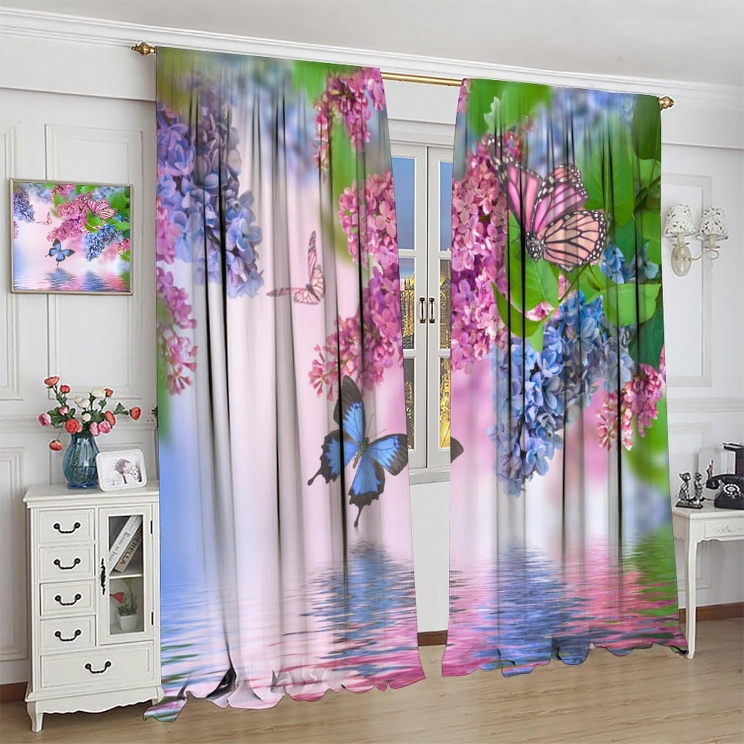 Butterfly Blackout Curtains Spring Pink Blue Flowers Colorful Butterfly Nature Scenery Girls Women Bedroom Living Room Kitchen Rod Pocket Decoration Window Drapes 2 Panels W21xL54in