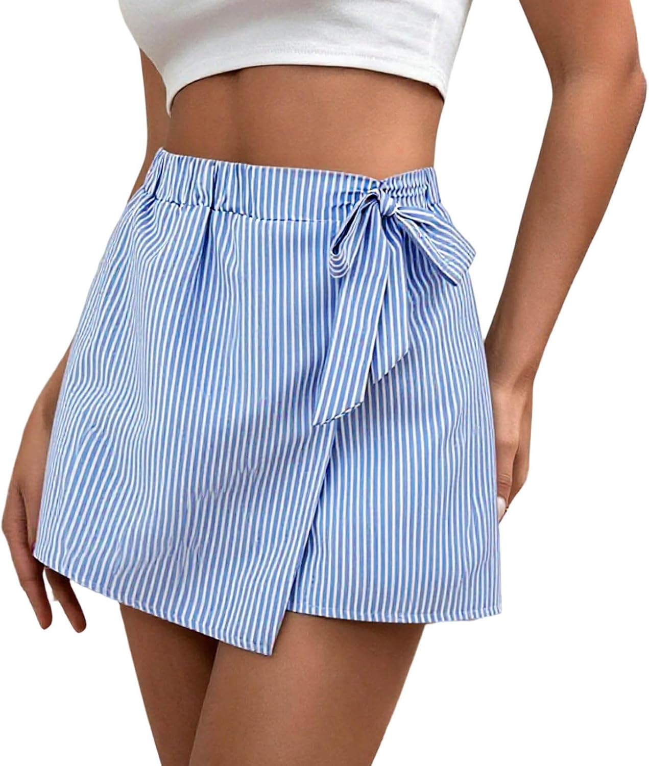 Women Striped Wrap Mini Skort High Waist Tie Side Pleated Shorts Skirts 2026 Casual Summer Beach Vacation Skirt