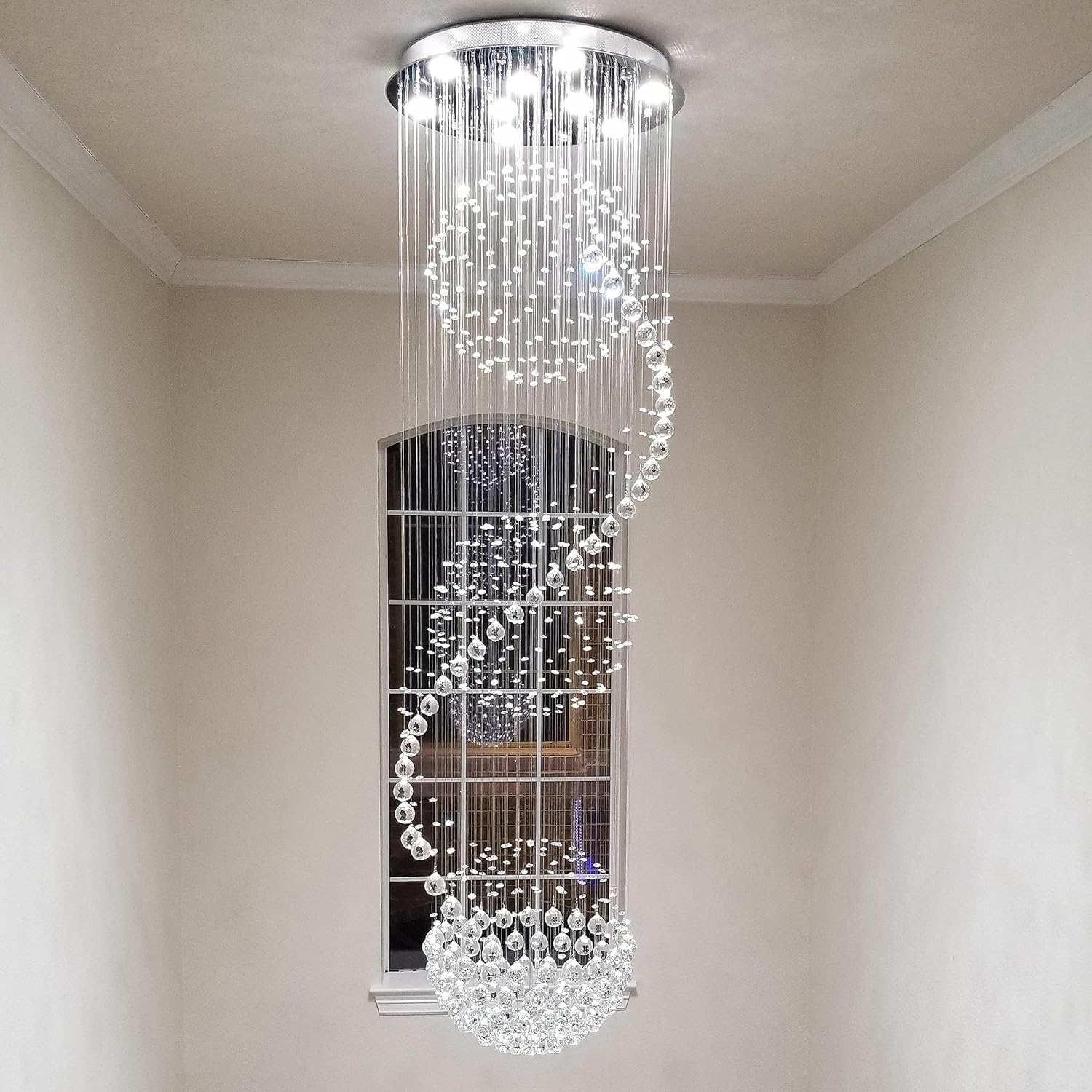 KXEcoLife K9 Crystal Long Chandelier Staircase, Ceiling Light High Ceiling,Stainless Steel Base,Adjustable Height Pendant for Villa,Foyer,Hotel,Entrance,