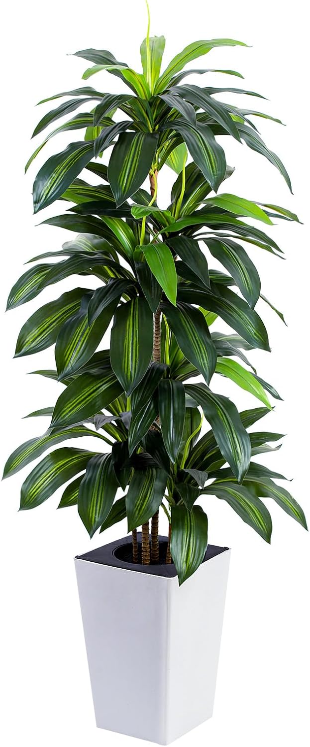 Artificial Dracaena Tree with White Tall Planter, 5ft Tall Potted Artificial Dracaena Silk Plant, Fake Yucca Tree Plant, Home Office Floor Room Decor Plants Indoor Outdoor, Housewarming Gift
