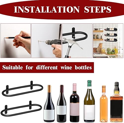 Miniatura 7 de Estante para vino montado en la pared, soporte negro para botellas de vino tinto, estante de pared de licor de metal, estante de almacenamiento para