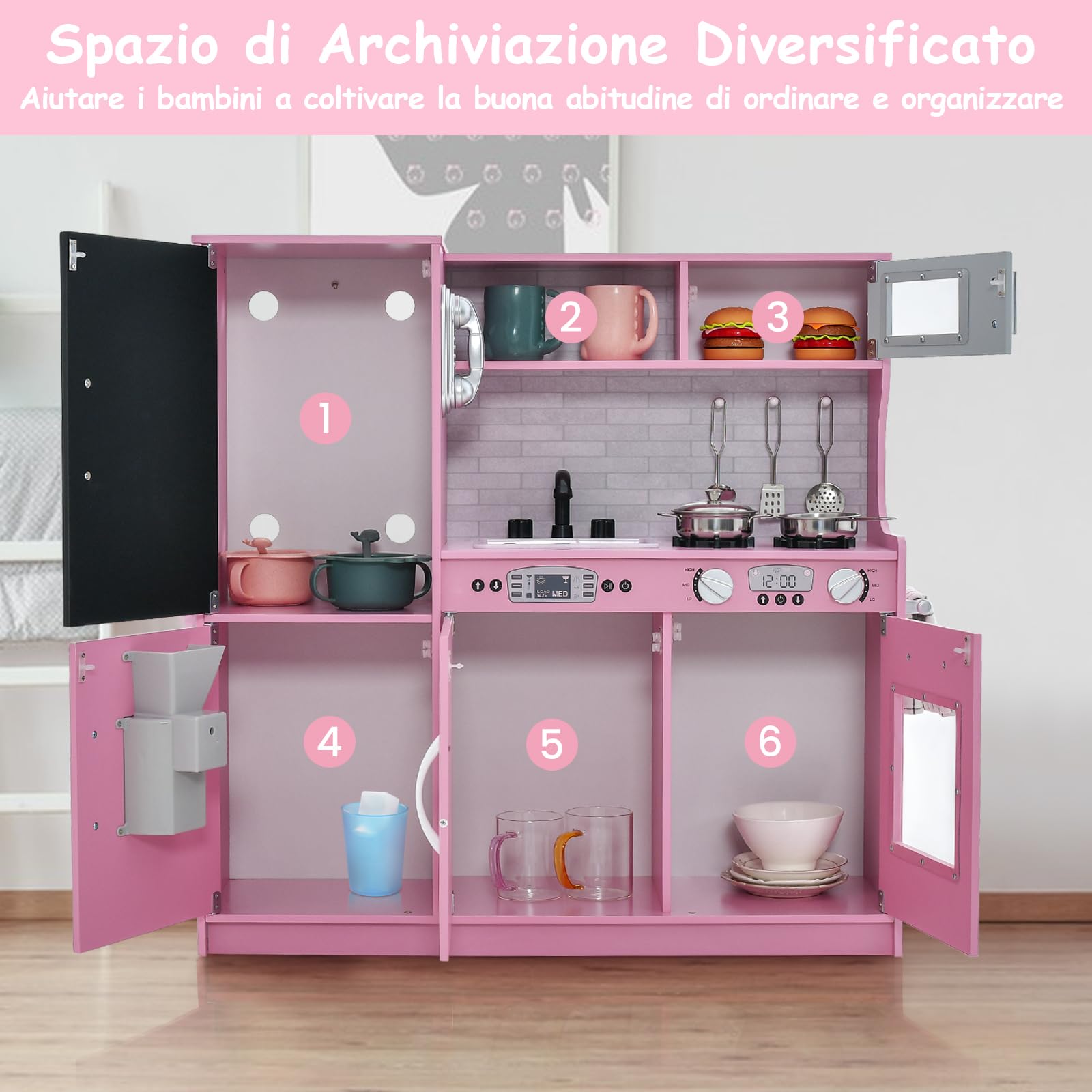 GYMAX Cucina Giocattolo per Bambini, Cucina Gioco in Legno Bambina con Lavagna, Forno, Vaschetta per l'Acqua e Fabbricatore di Ghiaccio, con Effetti Sonori per Bambini 3 Anni + (Rosa)