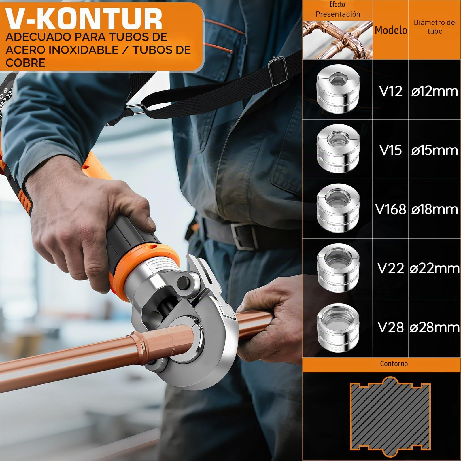 Prensa de tubos hidráulica con batería Vrietina, con contorno CR V y contorno CR TH, prensa eléctrica de 18V para tubos de cobre incl. V15-18-22-28 y TH16-20-26-32, 2 * 5 Ah baterías y cargador rápido