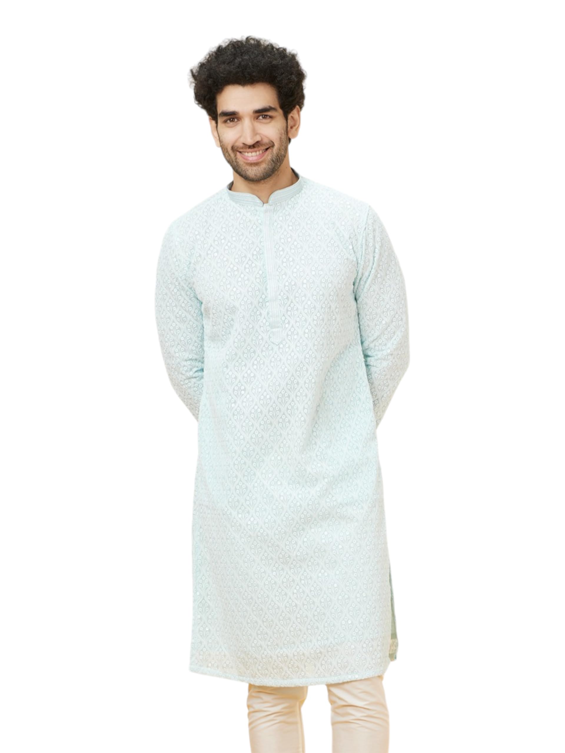 manyavar Men's Georgette Embroidered Kurta Pyjama Set (2pcs)-picture-18