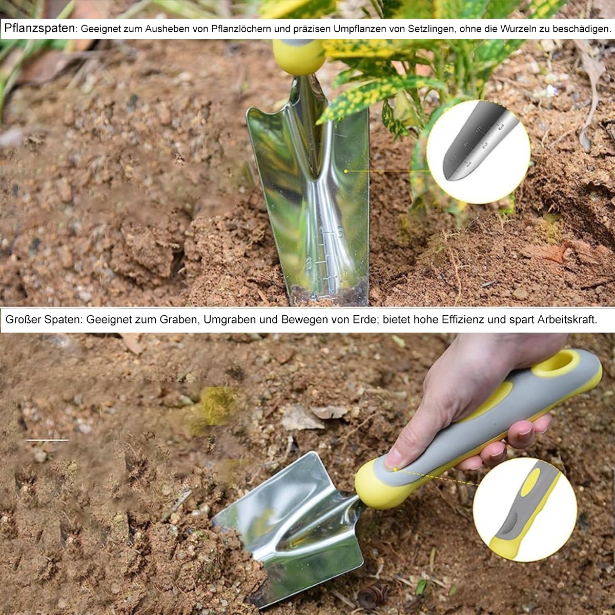 Set di attrezzi da giardino, 10 pezzi, giallo, in acciaio inox, con manici in TPR, guanti antiscivolo e pratica custodia, per uomo e donna