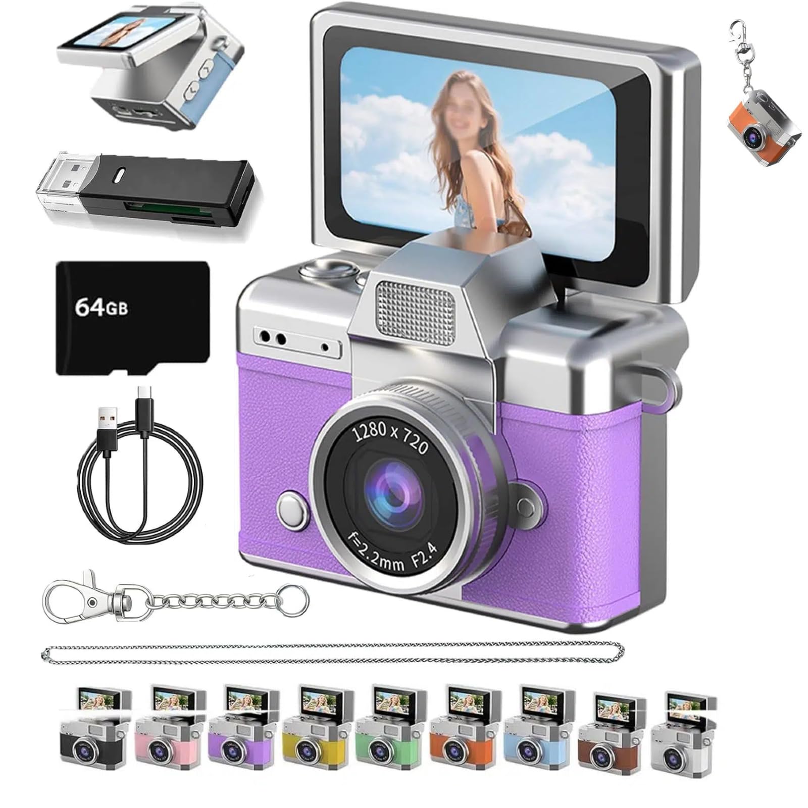 Thumb-Sized Flip Screen Mini Camera, Mini Keychain Digital Camera, Flip Screen Mini Camera with Built-in Flash &amp; Flip Display, 64GB Memory, Portable Keychain Camera for Travel &amp; Daily Use (1, Purple)