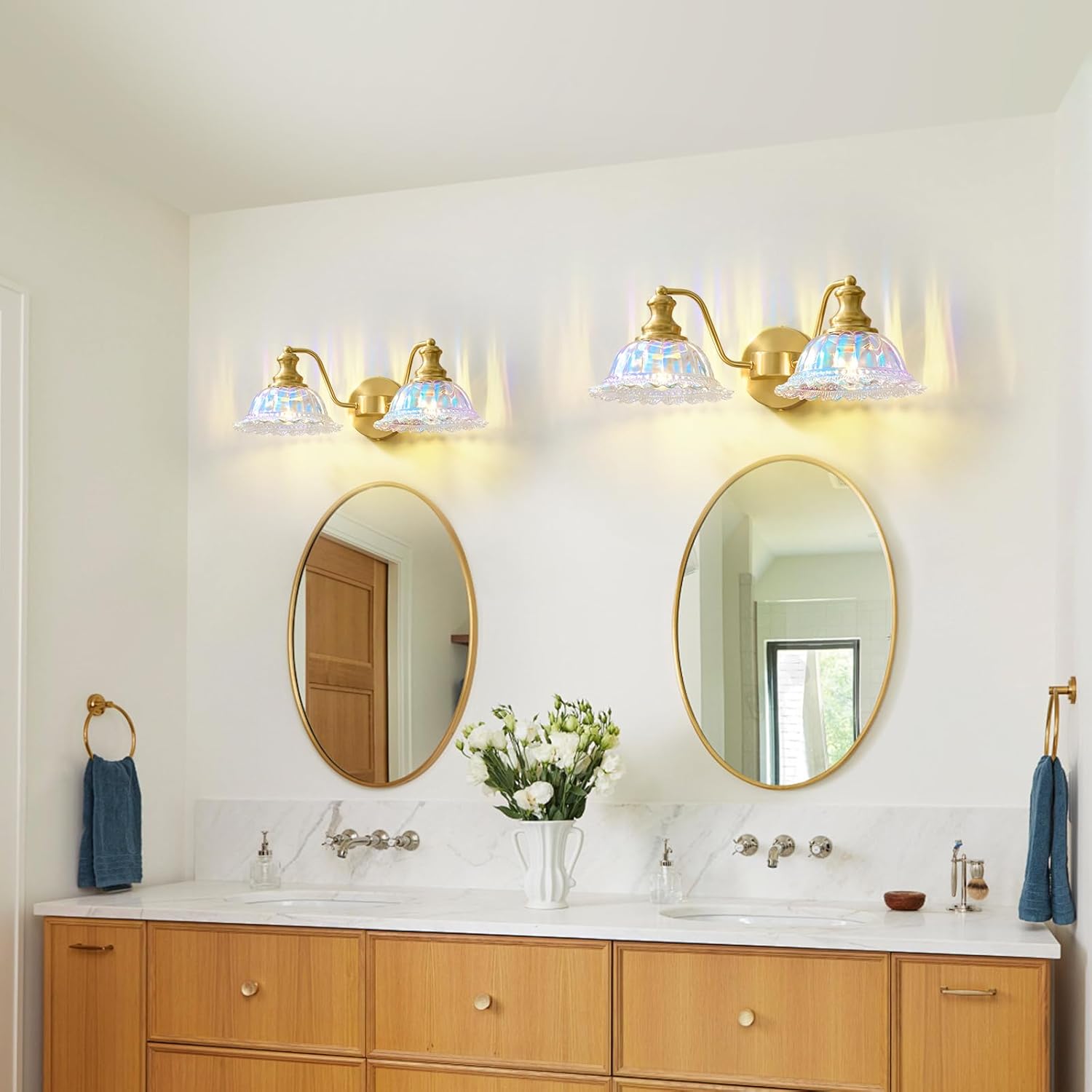 Vintage Bathroom Vanity Light Fixtures - 2 Light Iridescent Glass Art Deco Bathroom Lights Over Mirror,Brushed Gold Restroom Lighting, Mid Century Coastal Vanity Lights for Powder Room Bath Sink