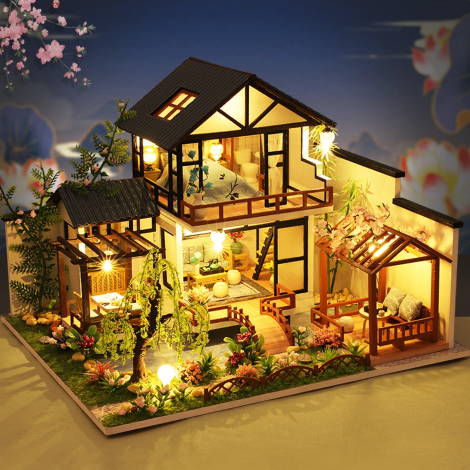 Kit fai da te per casa in miniatura, con LED e movimento musicale, kit fai da te in miniatura per casa delle bambole in legno per adulti e adolescenti, artigianato in legno, bella casa delle bambole,