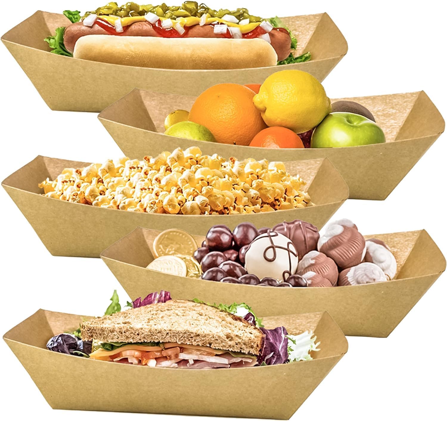 POCHEON® - 50 Pcs - Kraft Paper Food Trays, Heavy-Duty Paper Food Boat Disposable Serving Basket Tray for French Fries Nachos Snack Hot Dog Taco BBQ Popcorn Party Picnic Wedding Party (Brown, 750 ml)