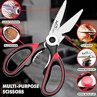 Magnificent Heavy Duty Kitchen Scissors - Multi-Function Stainless Steel Shears with Safety Cover, Bottle Opener, Nutcracker for Poultry, Meat, Fish (Red)