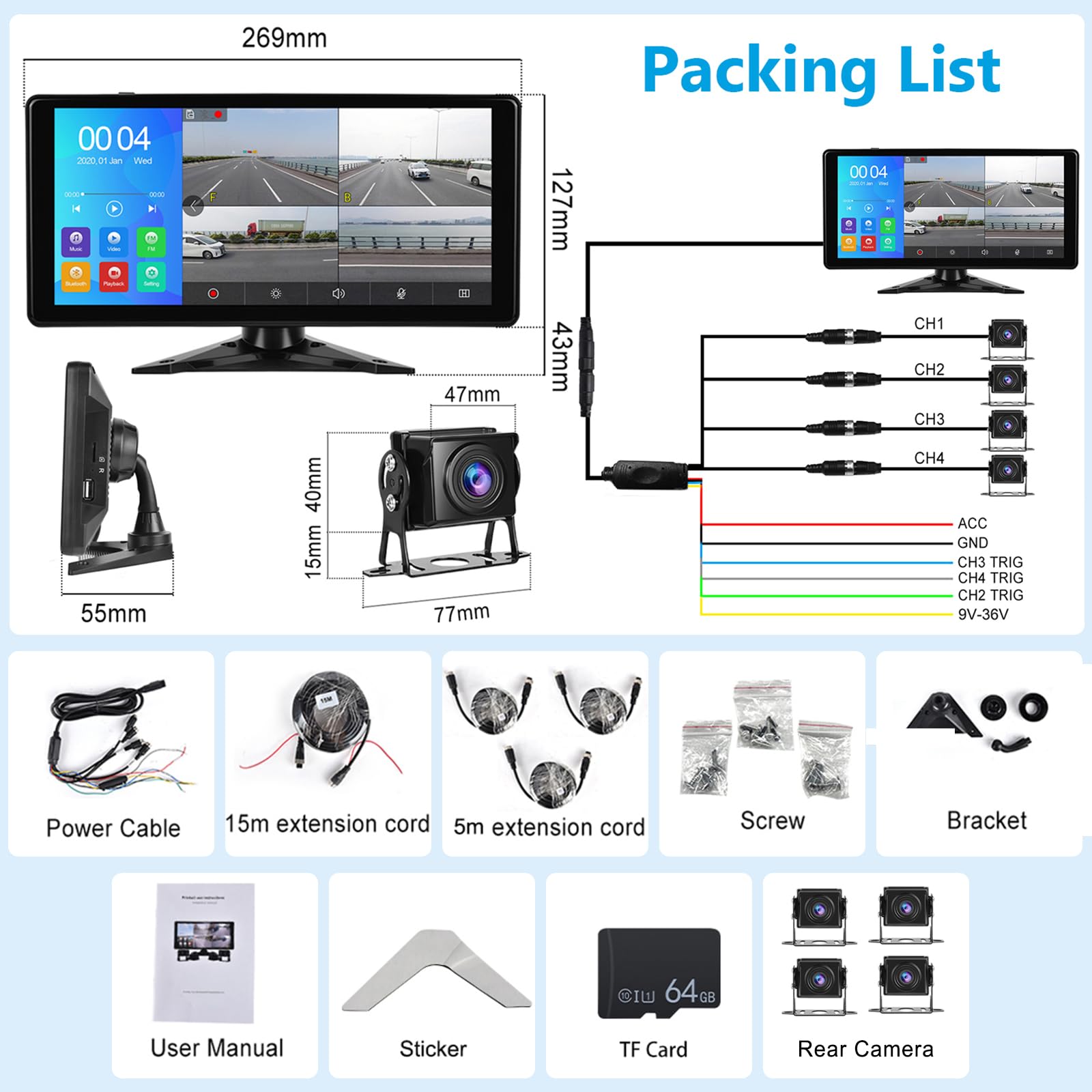 Hodozzy 4 Cámara de Visión Trasera para 10.36'' Monitor Pantalla 4-Dividido 1080P DVR con Bluetooth, con USB/Tarjeta SD, IP69 Impermeable Visión Nocturna para Camión RV Tractor 7V-32V